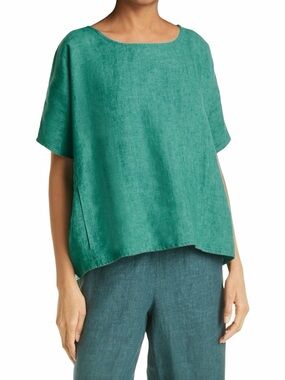 Eileen Fisher Organic Linen Boxy Top in Aqua Teal Lightweight Coastal Lagenlook